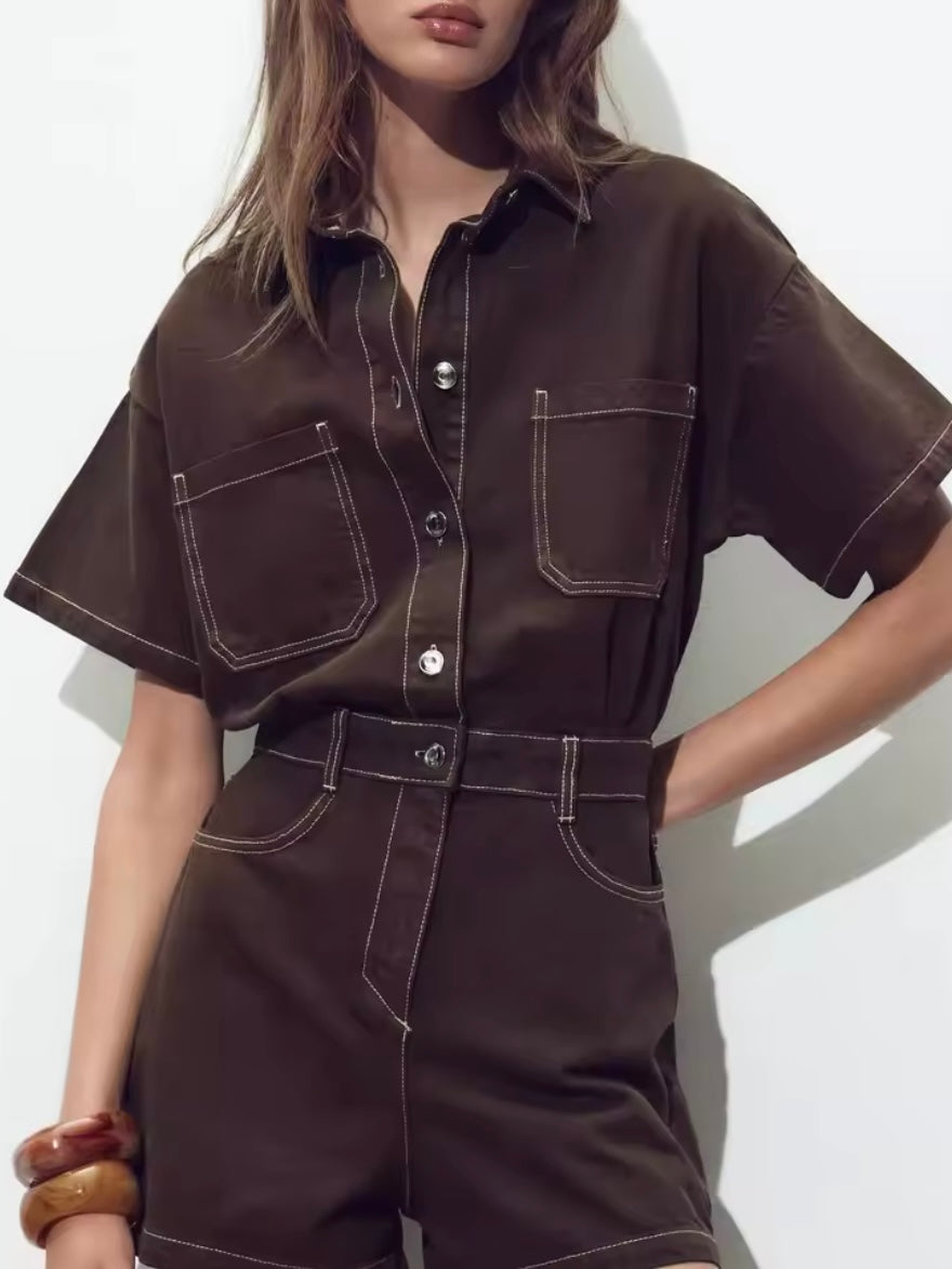 Brown washed denim romper
