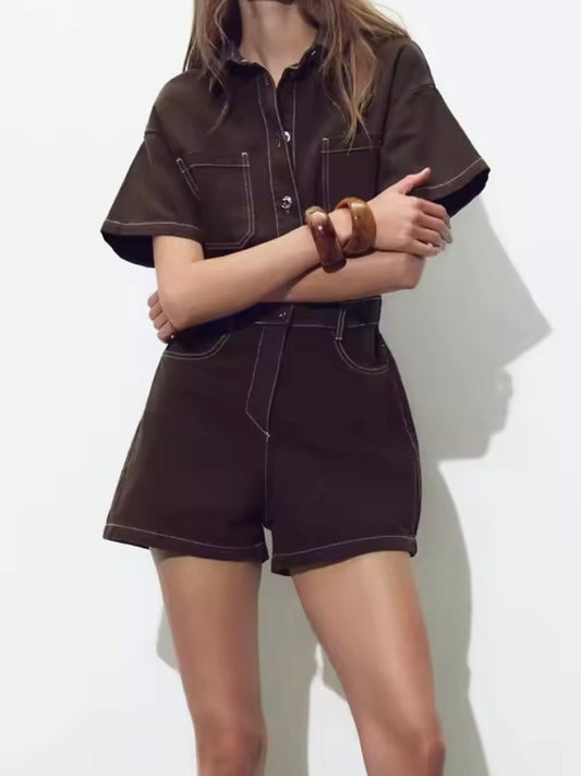 Brown washed denim romper