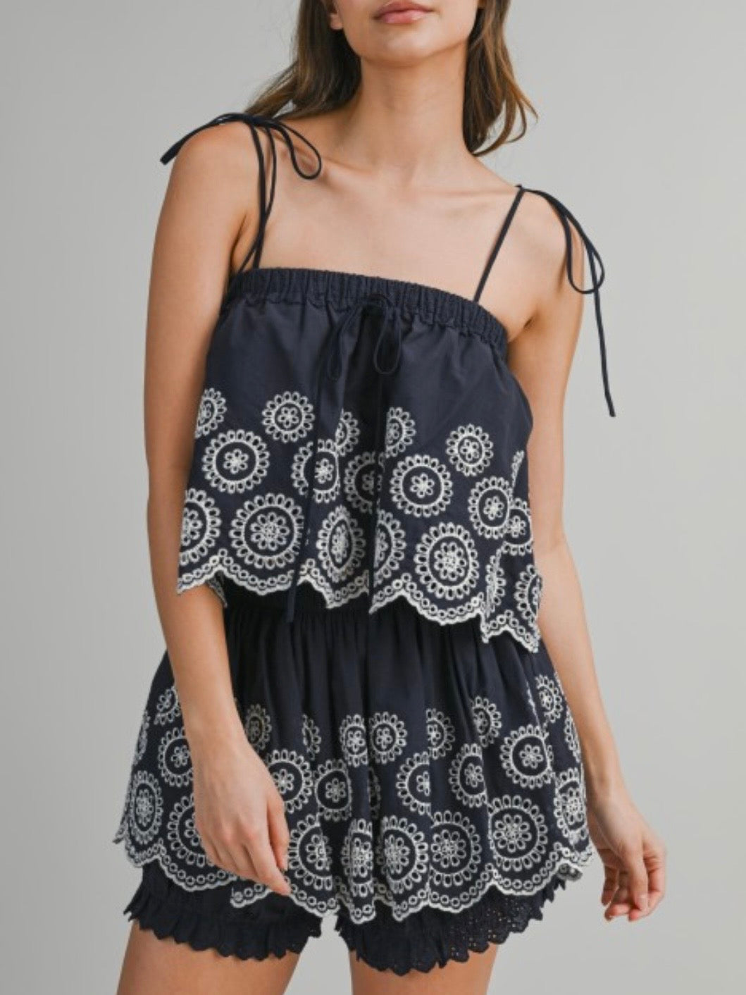 Navy blue and white floral embroidered fabric set of 2 shirt and shorts pants