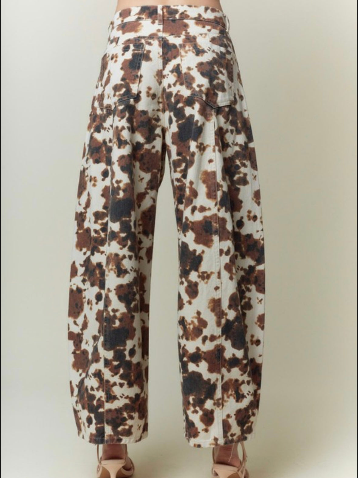 Beige cow printed barrel jeans pants