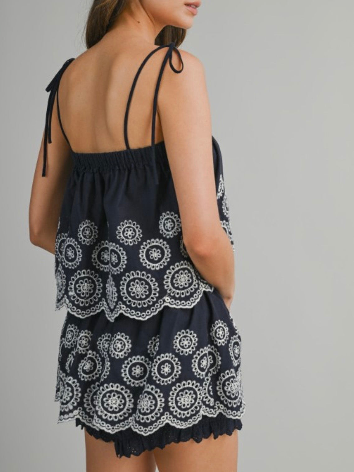 Navy blue and white floral embroidered fabric set of 2 shirt and shorts pants