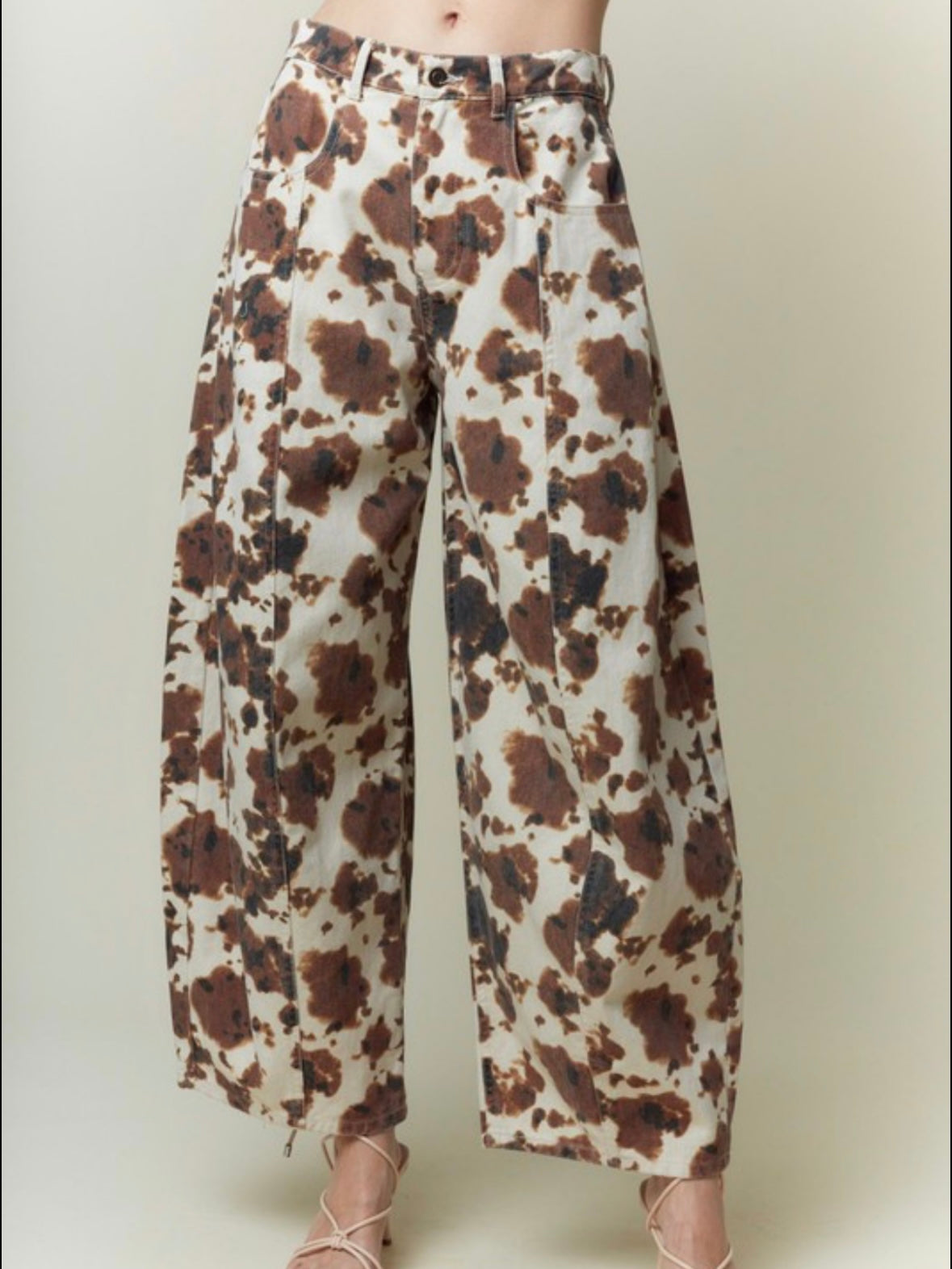 Beige cow printed barrel jeans pants