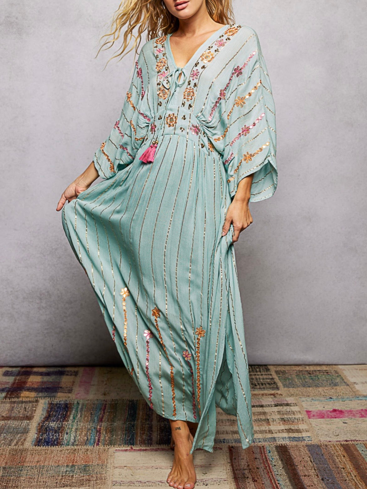 Light blue sequins floral maxi dress