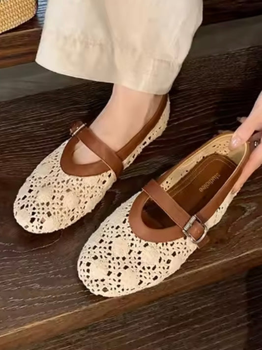 Black and beige ballet crochet net straps flats shoes