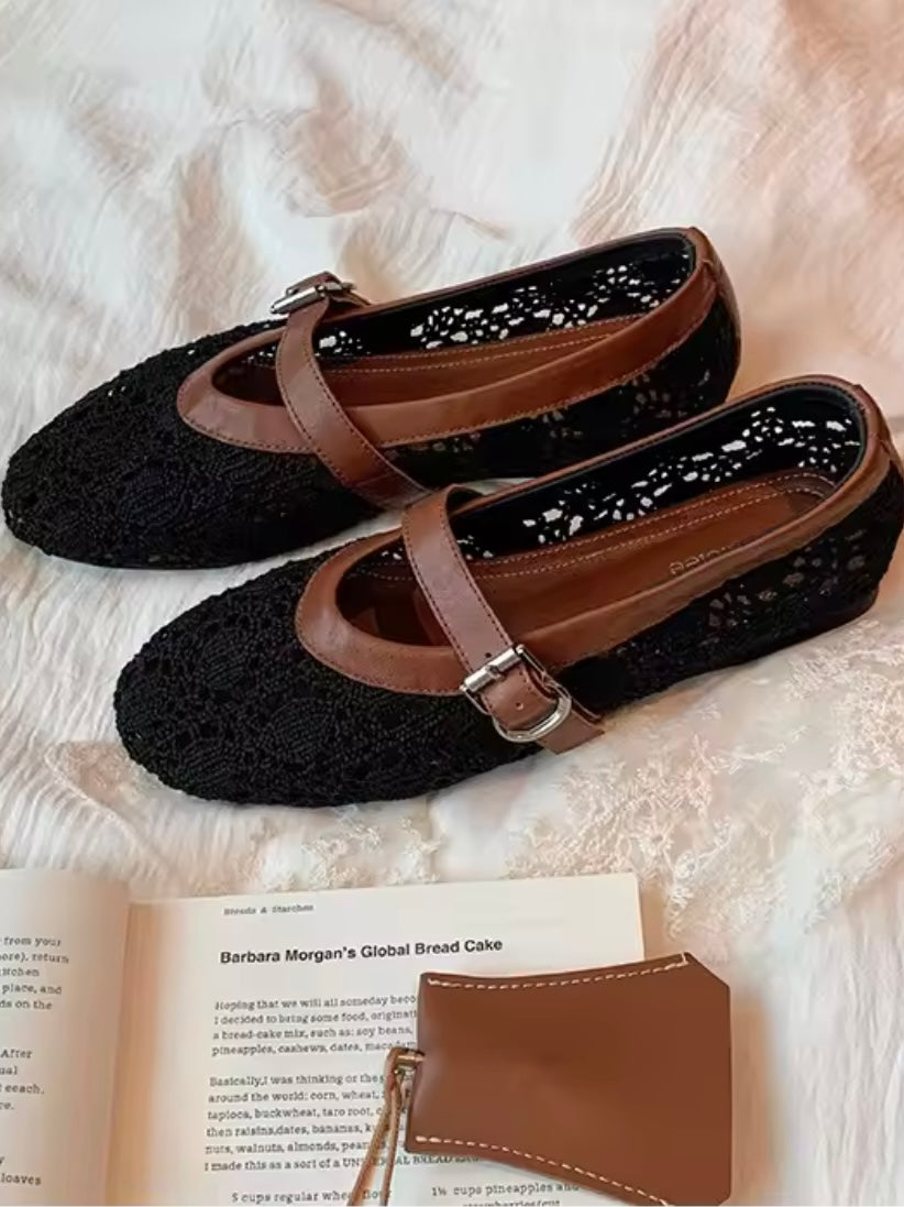Black and beige ballet crochet net straps flats shoes