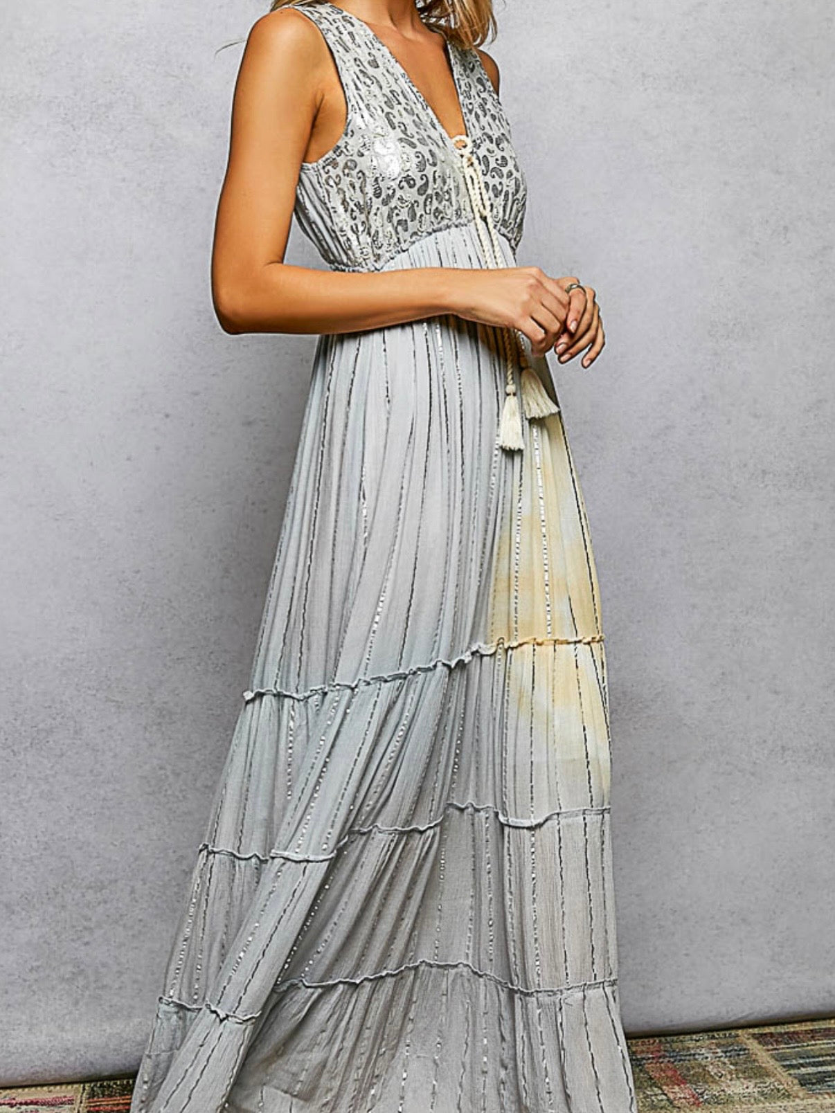 Light grey and light yellow printed sleeveless maxi dress