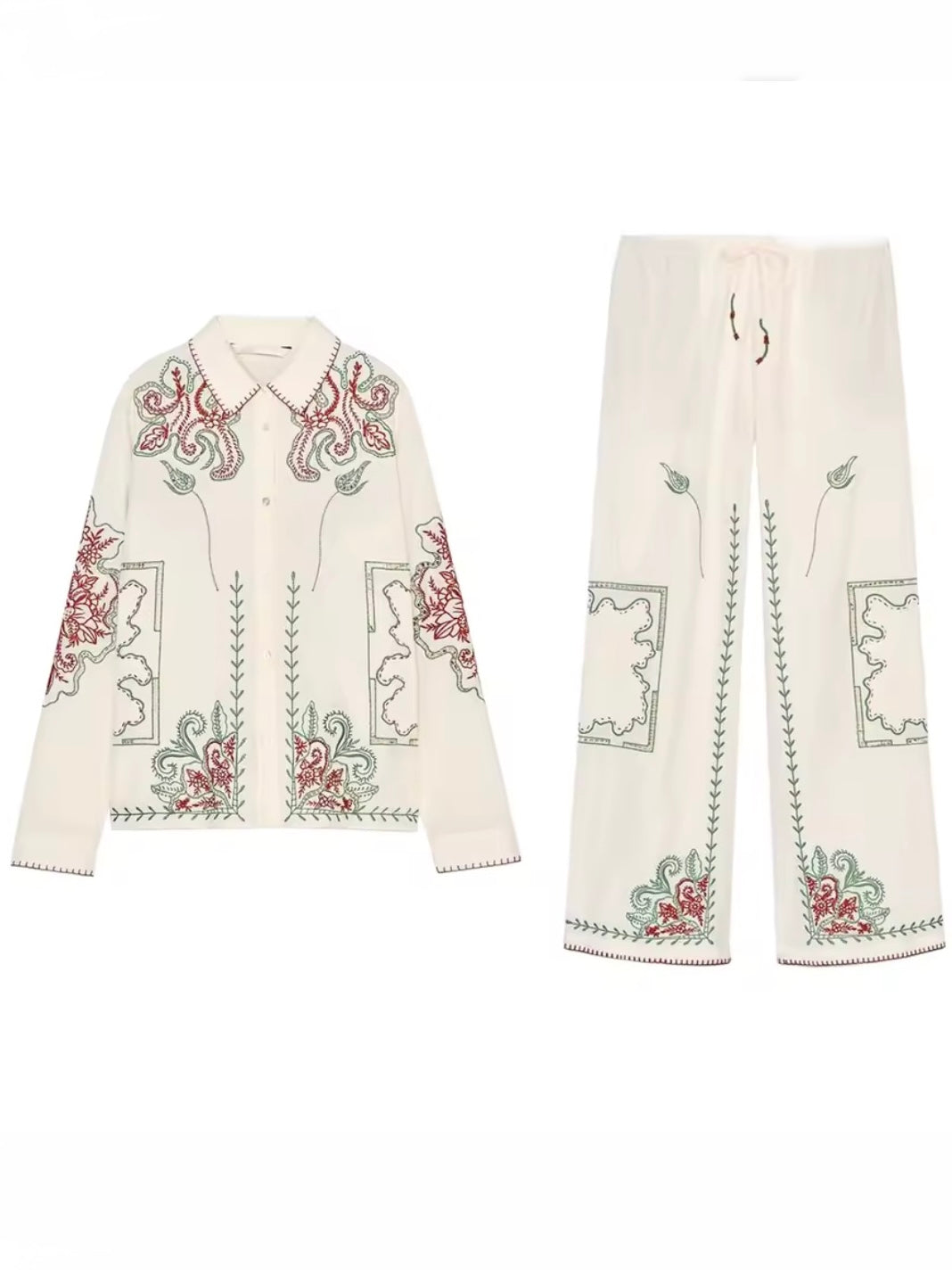 Natural beige embroidered floral set of 2 shirt and pants