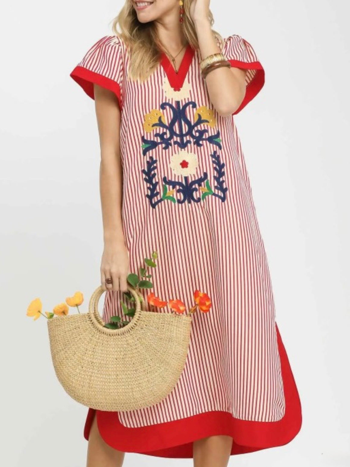 Striped red and white sleeveless midi dress