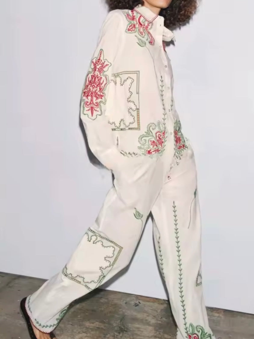 Natural beige embroidered floral set of 2 shirt and pants