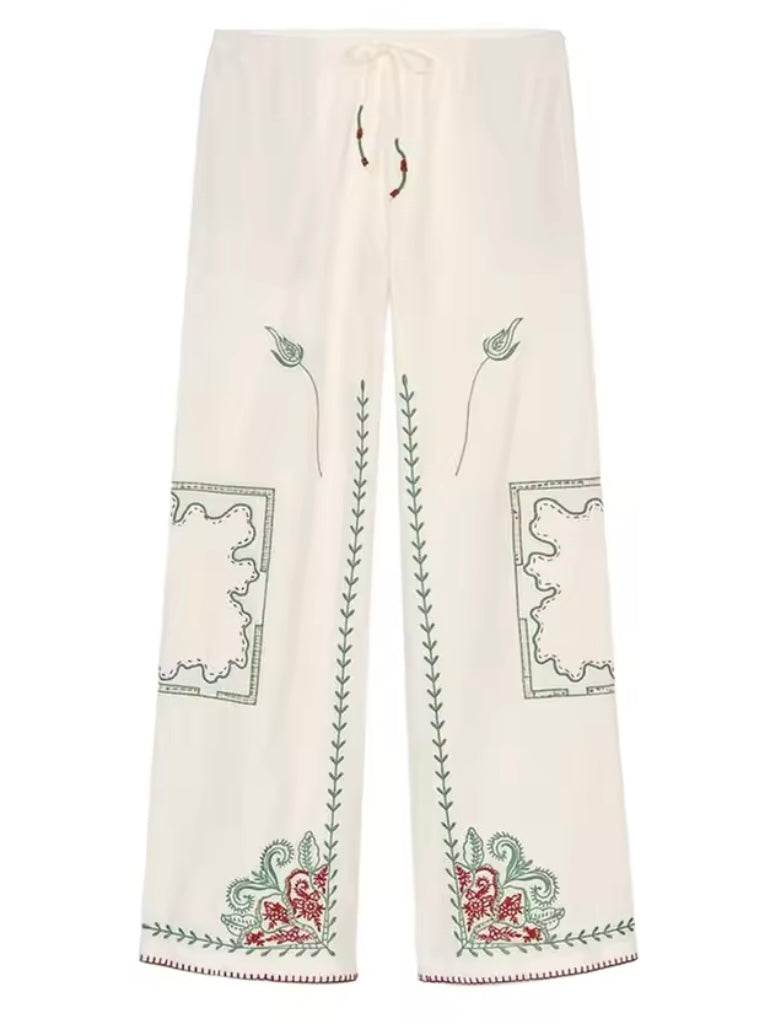 Natural beige embroidered floral set of 2 shirt and pants