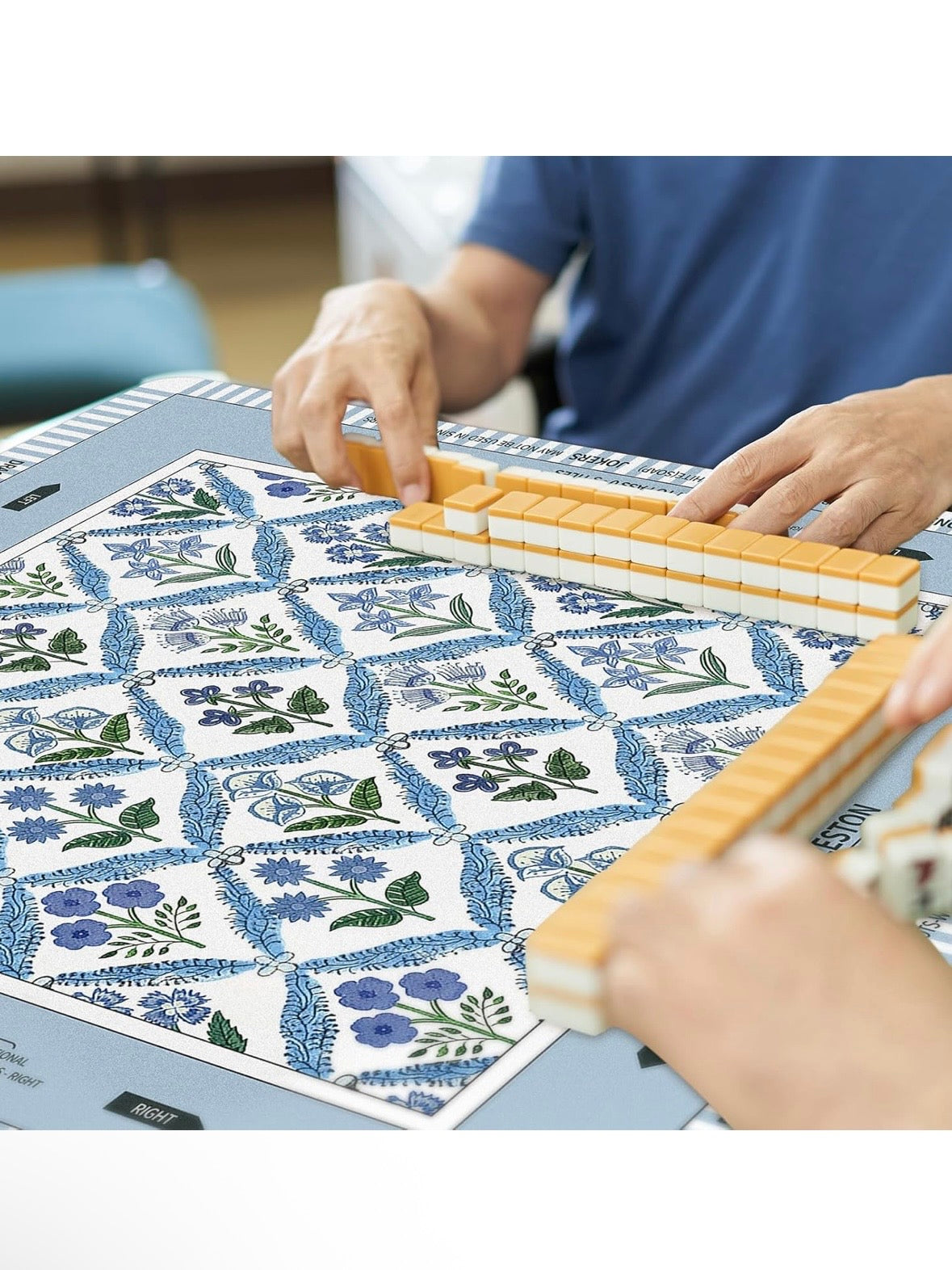 Light blue and natural floral Mahjong mat