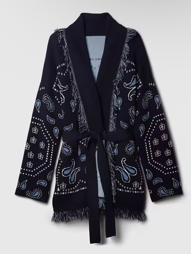 Navy blue tassels and seams details cardigan jacket