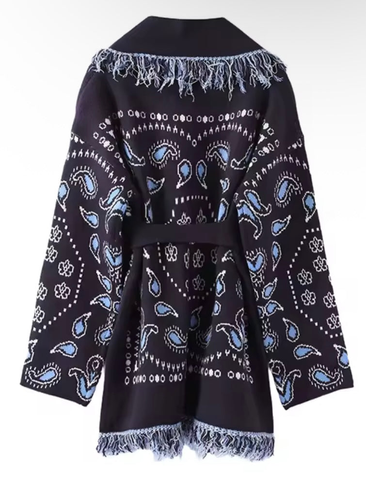 Navy blue tassels and seams details cardigan jacket