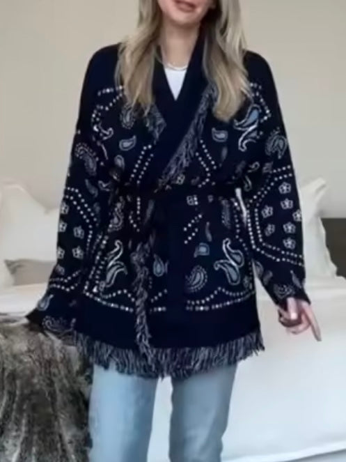 Navy blue tassels and seams details cardigan jacket