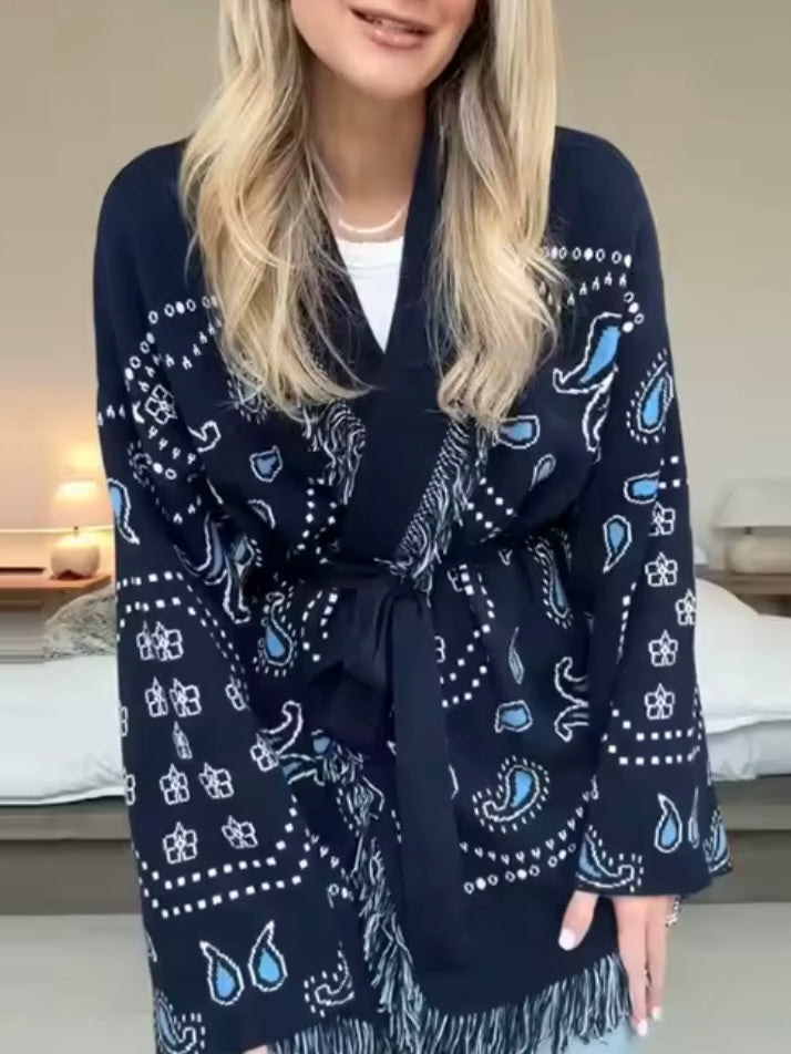 Navy blue tassels and seams details cardigan jacket