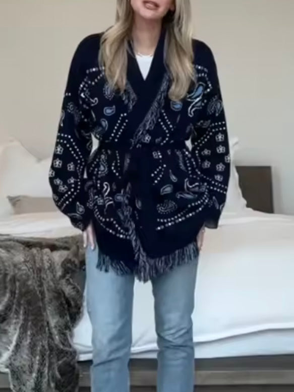 Navy blue tassels and seams details cardigan jacket