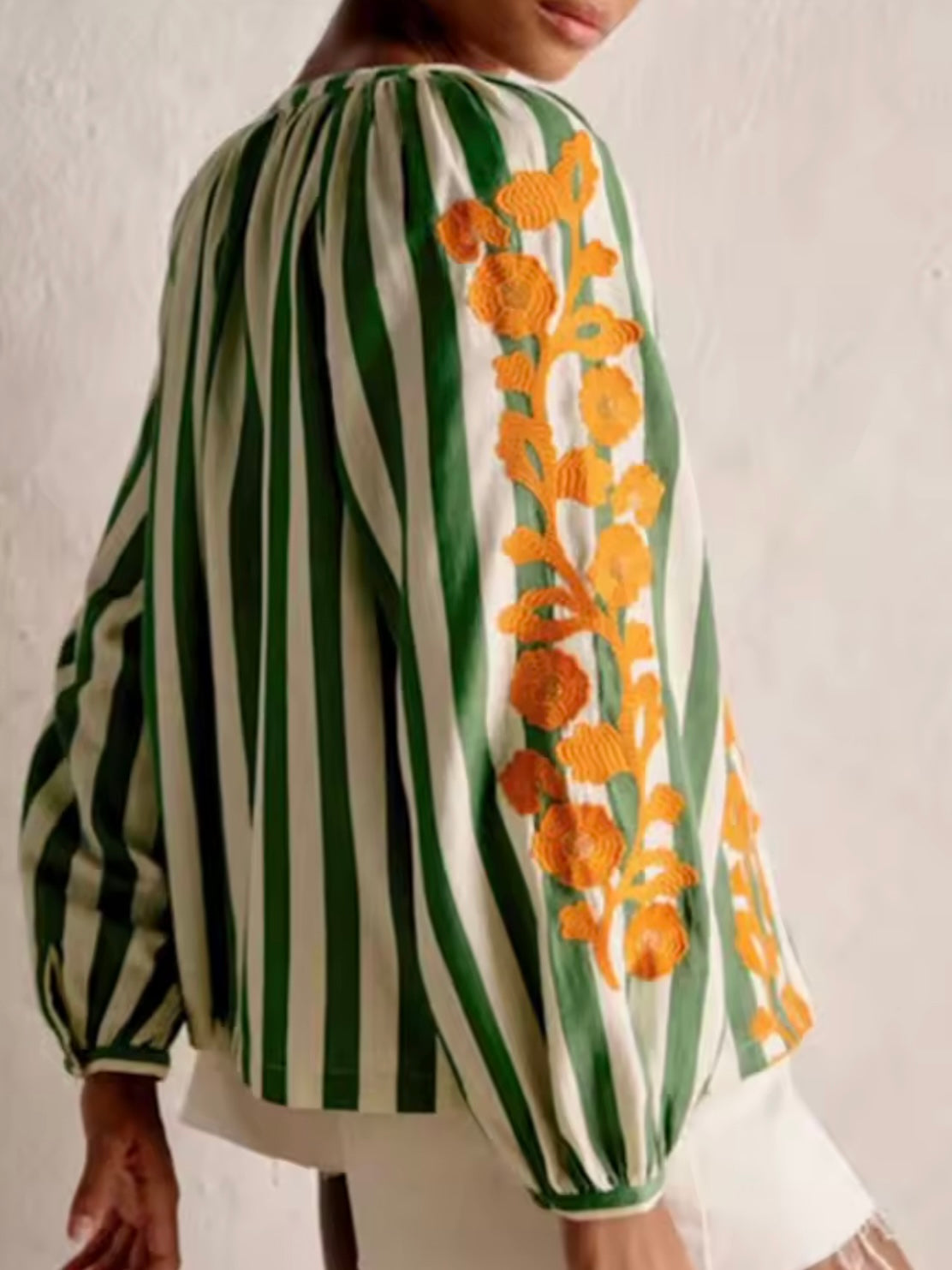 Green striped, orange floral printed long sleeves shirt