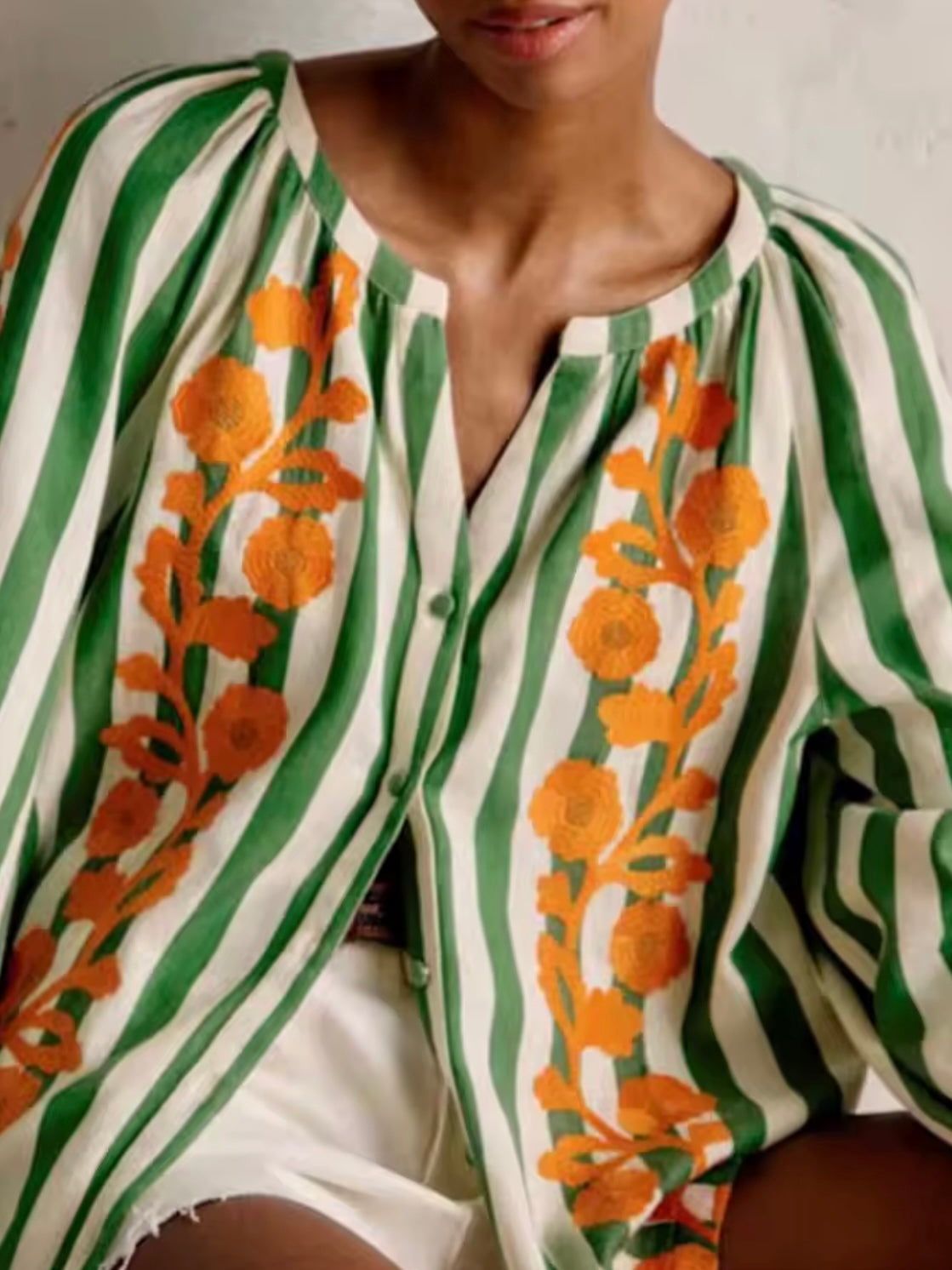 Green striped, orange floral printed long sleeves shirt