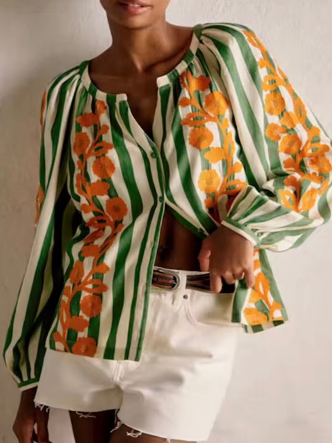 Green striped, orange floral printed long sleeves shirt