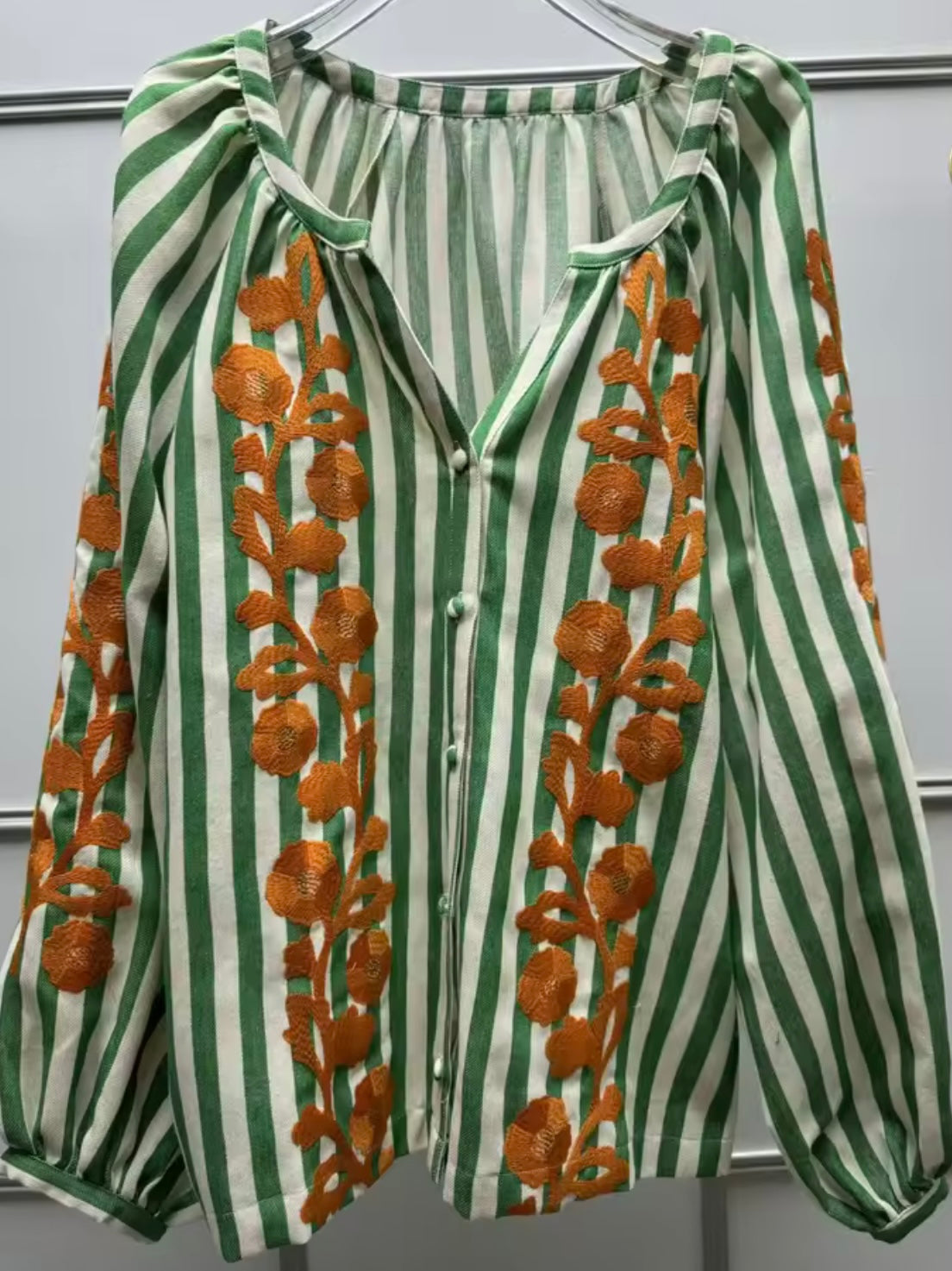 Green striped, orange floral printed long sleeves shirt