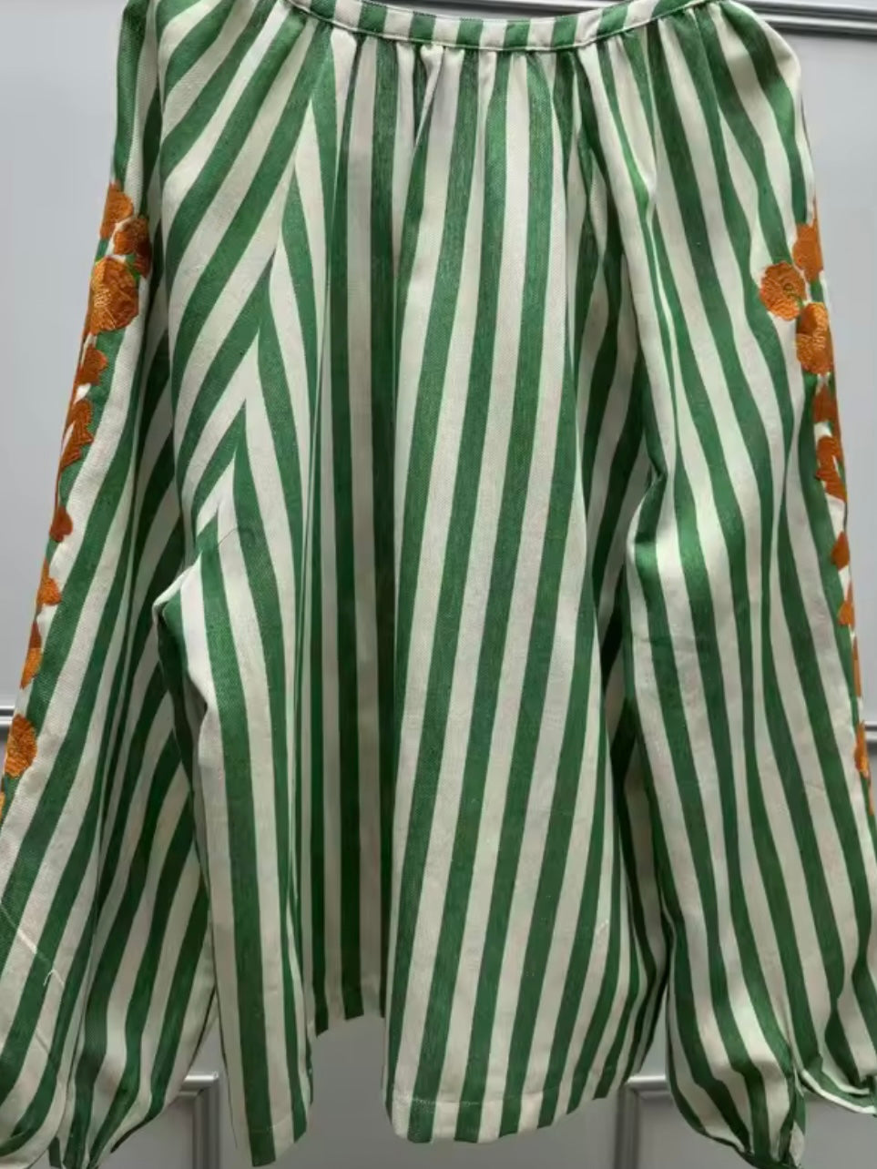 Green striped, orange floral printed long sleeves shirt