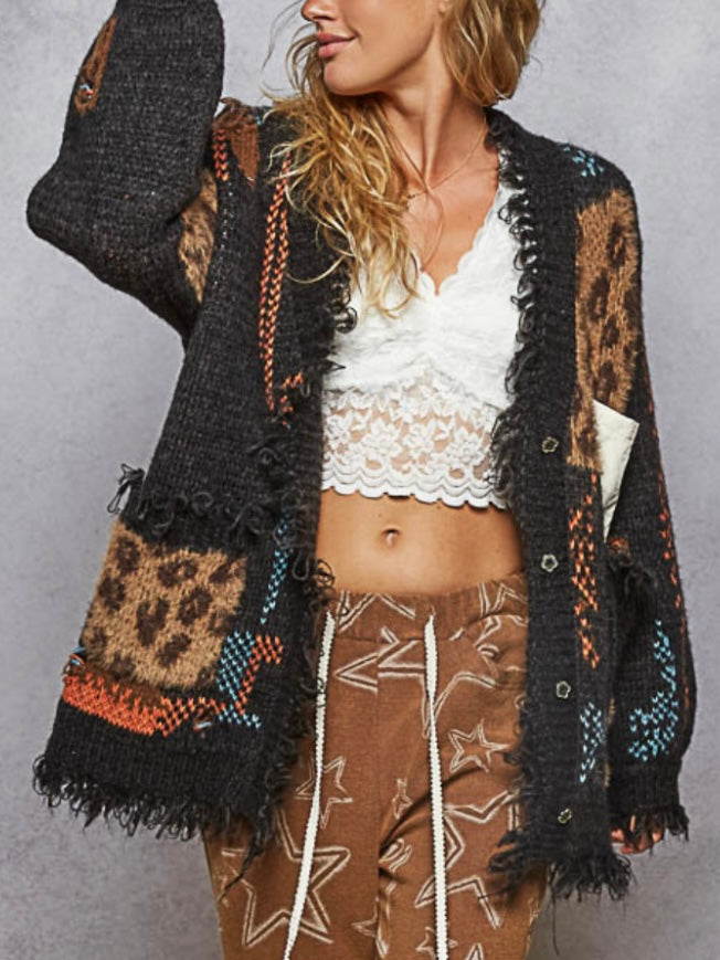 Black and leopard patched mix fabrics jacket
