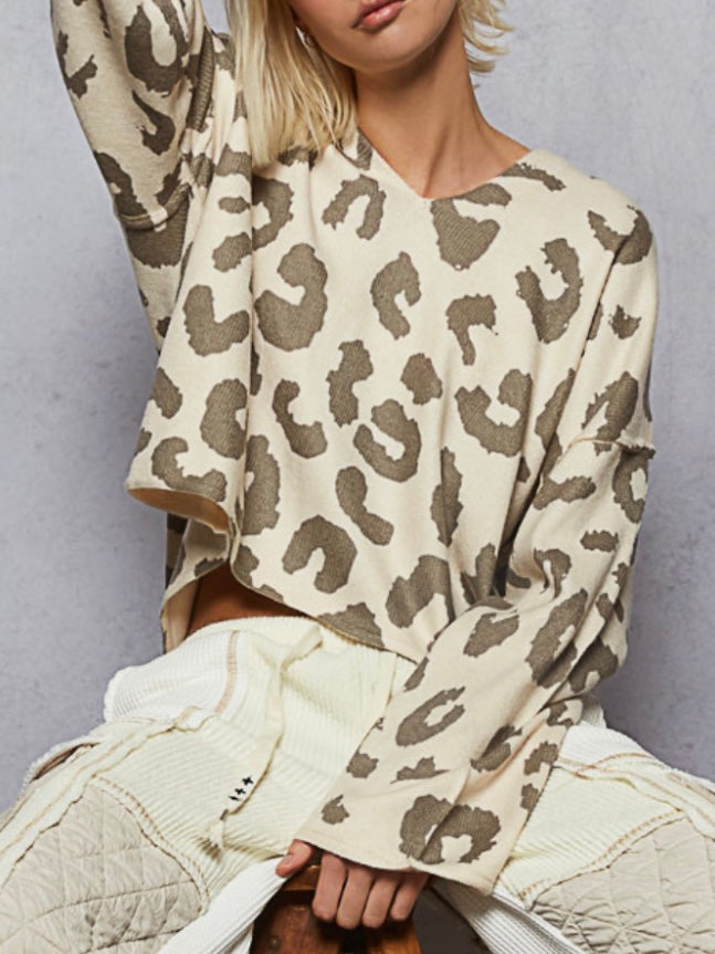 Beige animal print hooded top sweater
