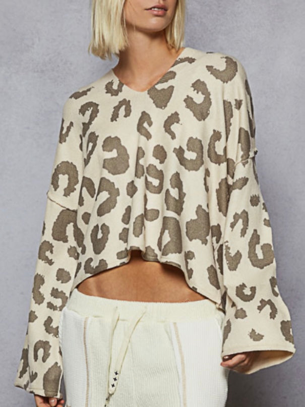 Beige animal print hooded top sweater
