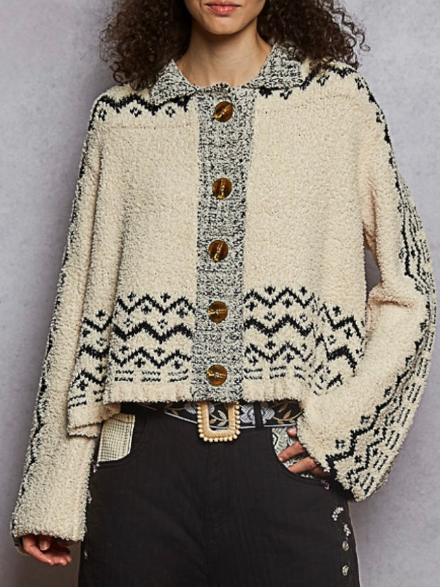 Beige and blue buttoned cardigan sweater