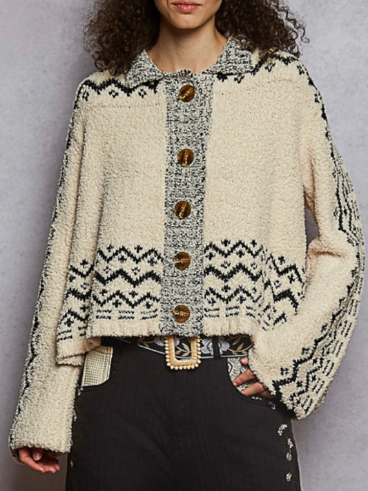 Beige and blue buttoned cardigan sweater