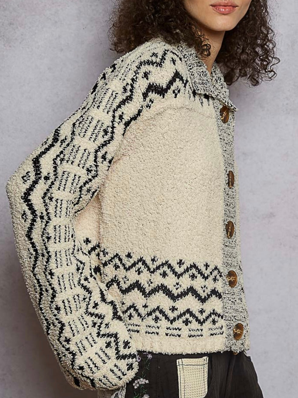 Beige and blue buttoned cardigan sweater