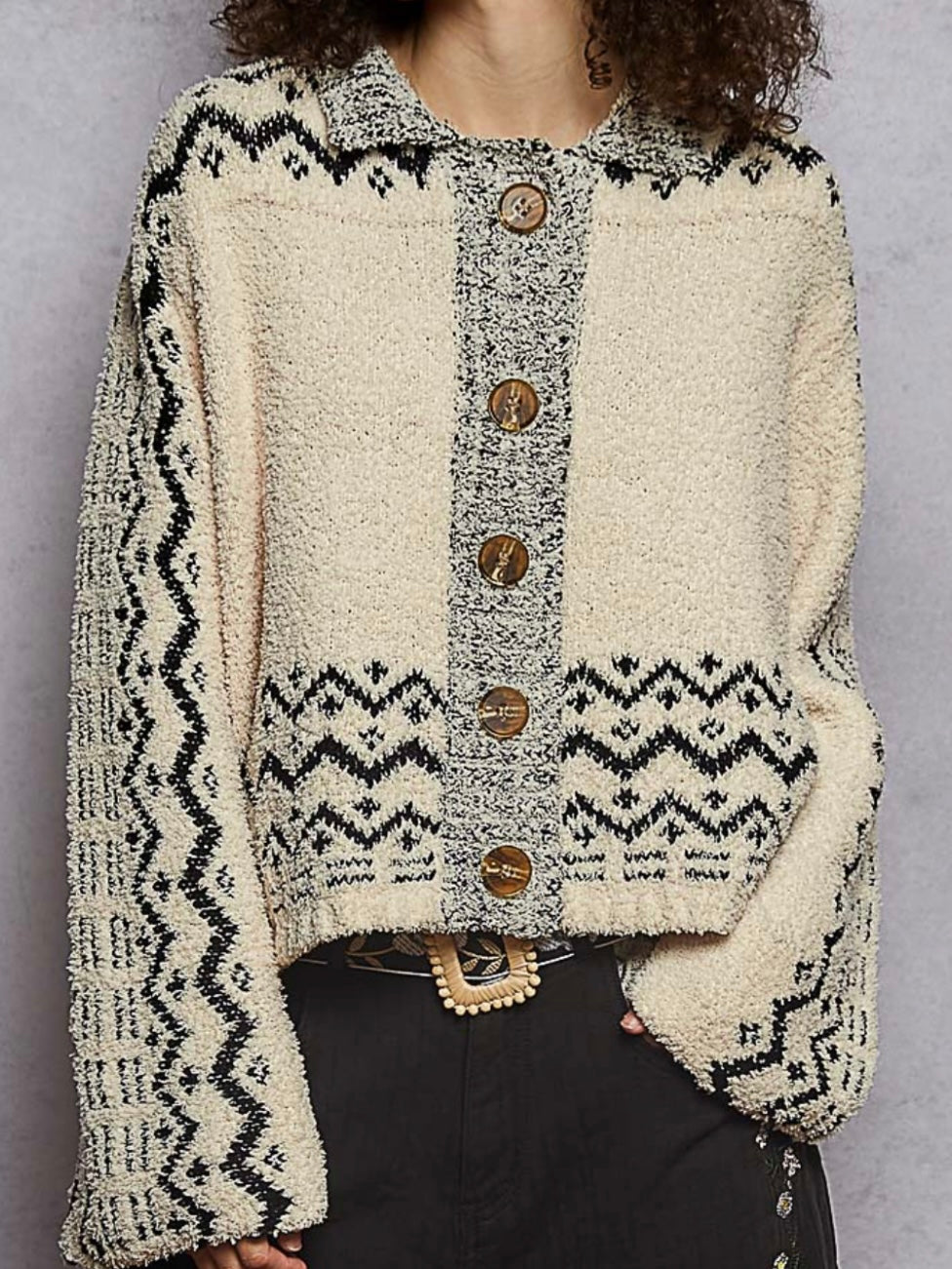 Beige and blue buttoned cardigan sweater