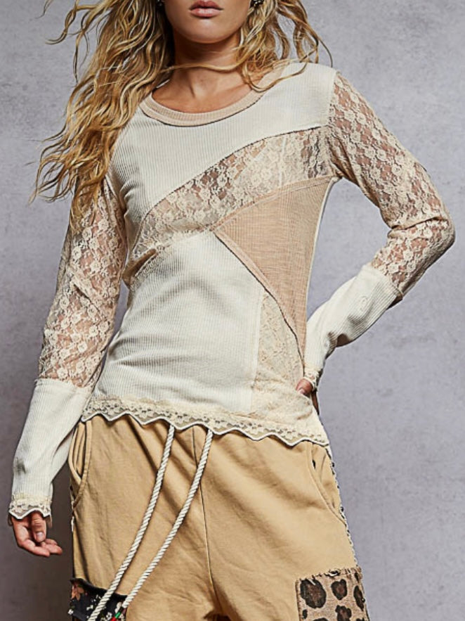 Beige crochet floral lace mix fabrics top