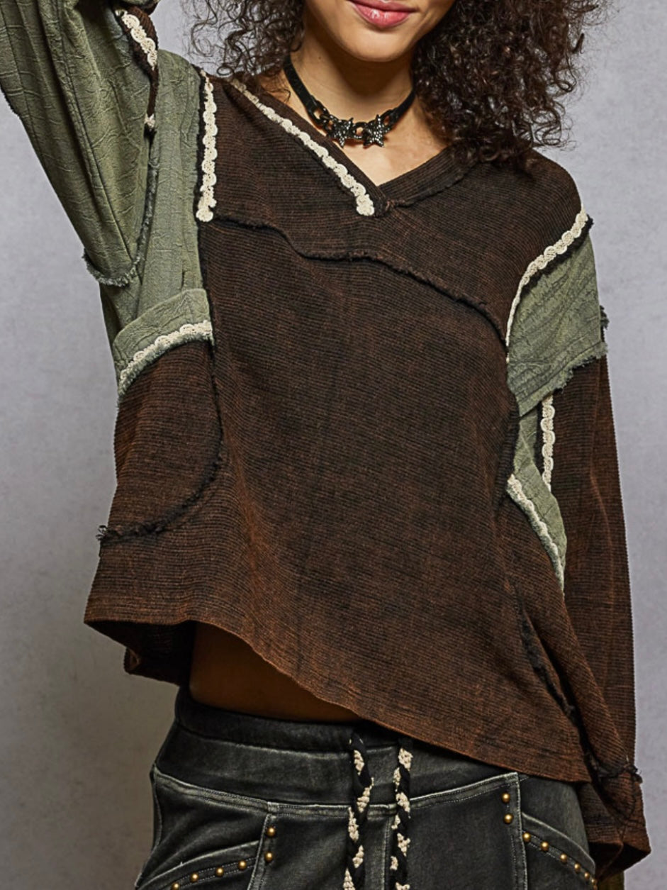 Brown and green mix fabrics top sweater