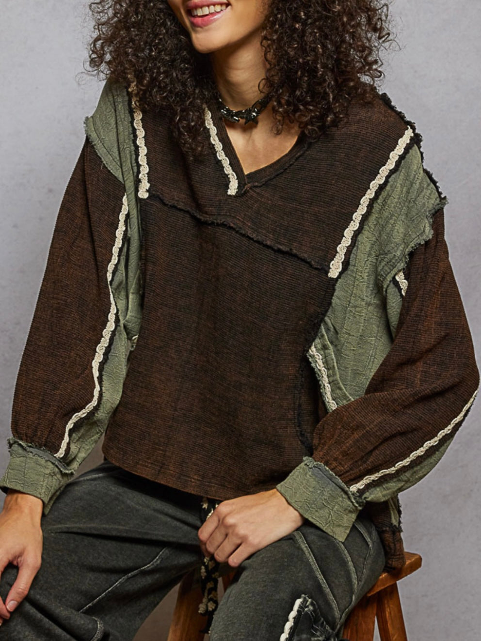 Brown and green mix fabrics top sweater