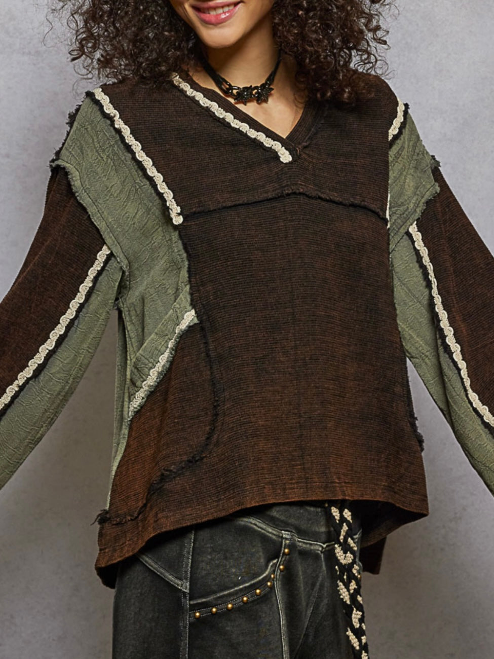 Brown and green mix fabrics top sweater