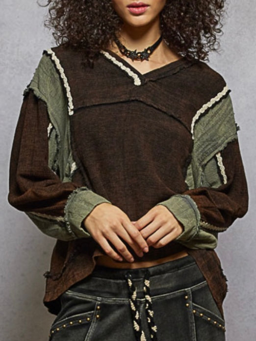 Brown and green mix fabrics top sweater