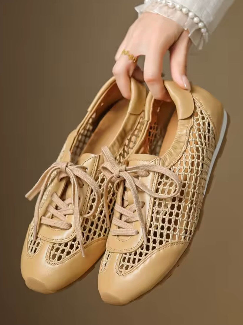 Solid colors net lace up flats sneakers shoes