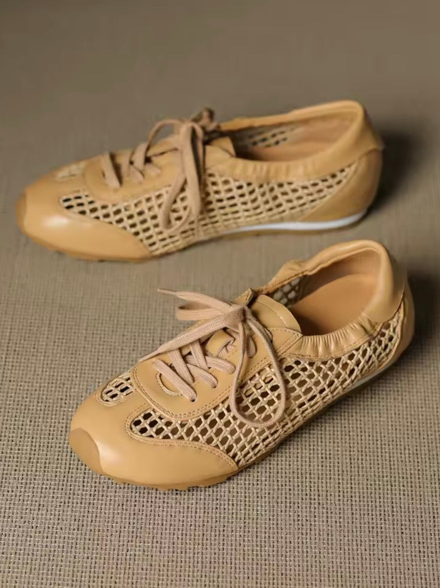 Solid colors net lace up flats sneakers shoes