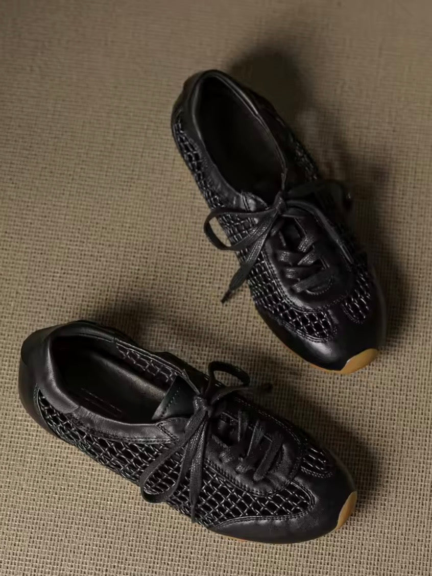 Solid colors net lace up flats sneakers shoes