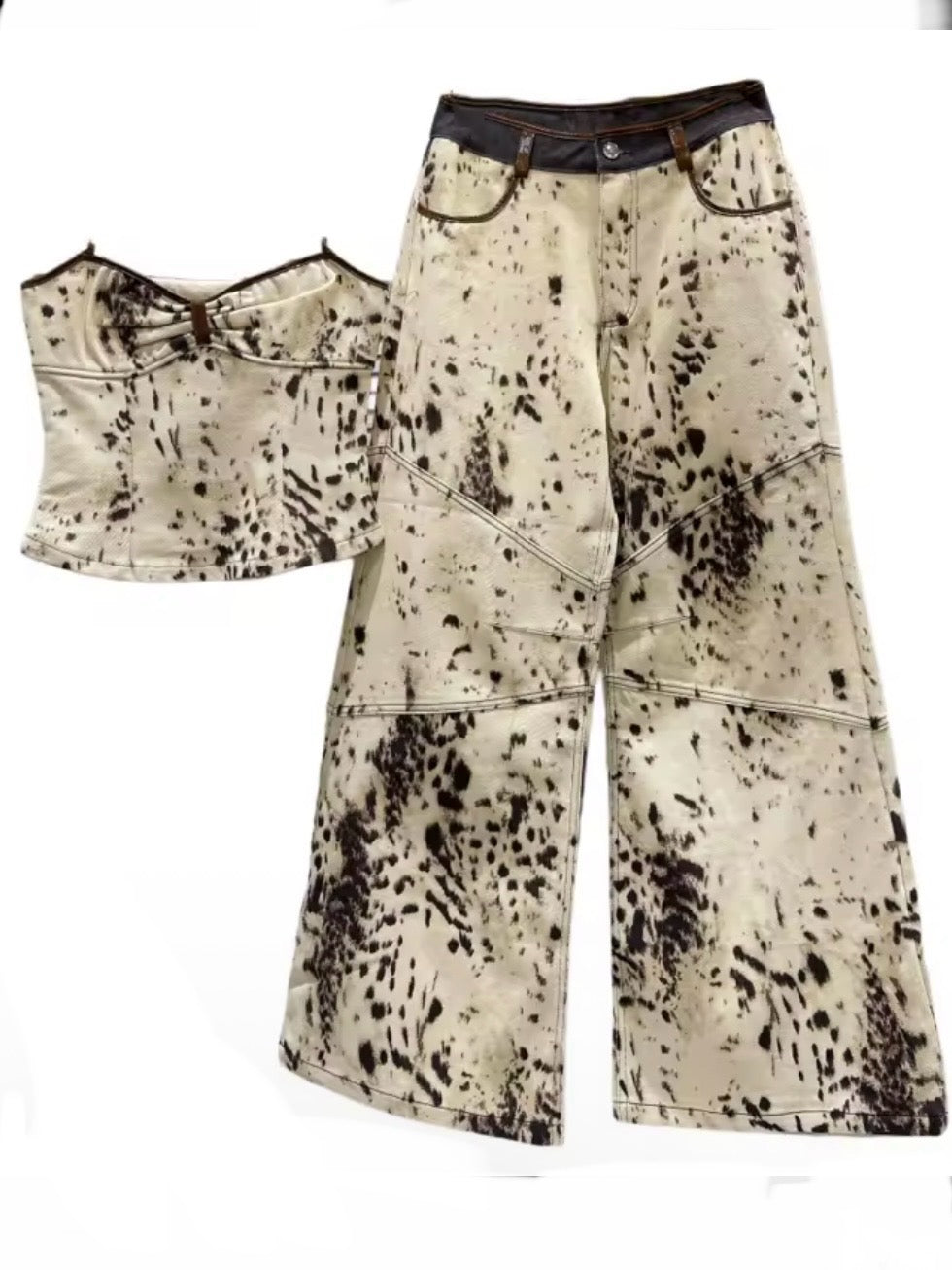 Beige and brown animal print denim fabric set of 2, top and pants