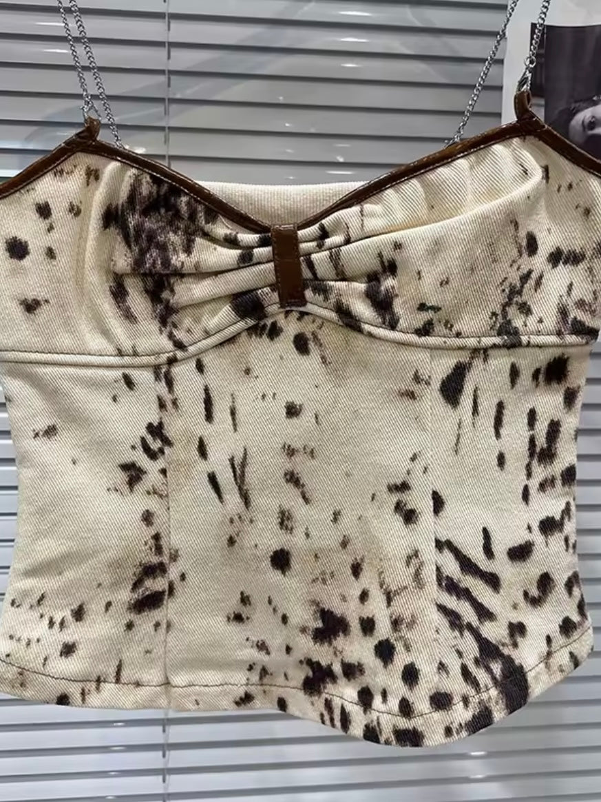 Beige and brown animal print denim fabric set of 2, top and pants