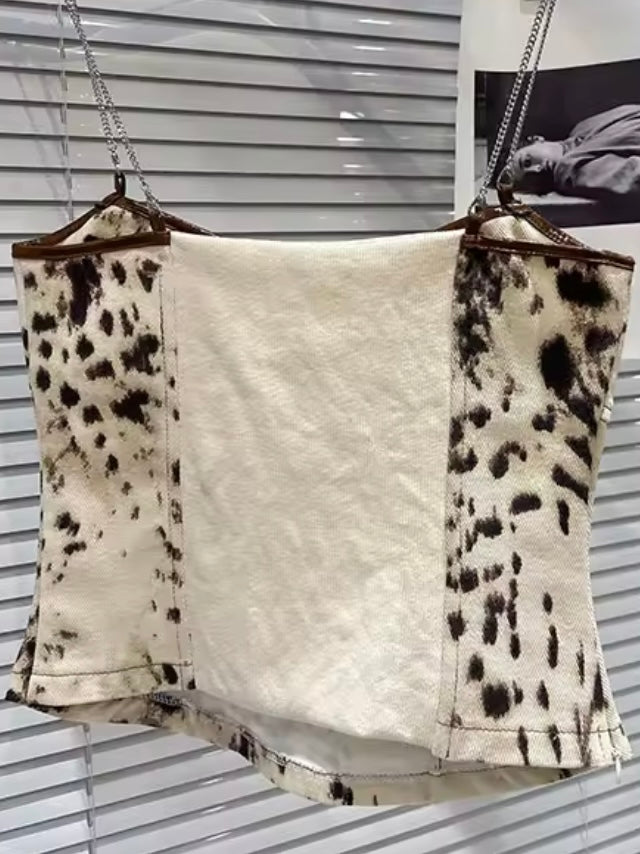 Beige and brown animal print denim fabric set of 2, top and pants