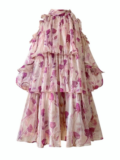 Fuchsia burgundy floral A-line short dress