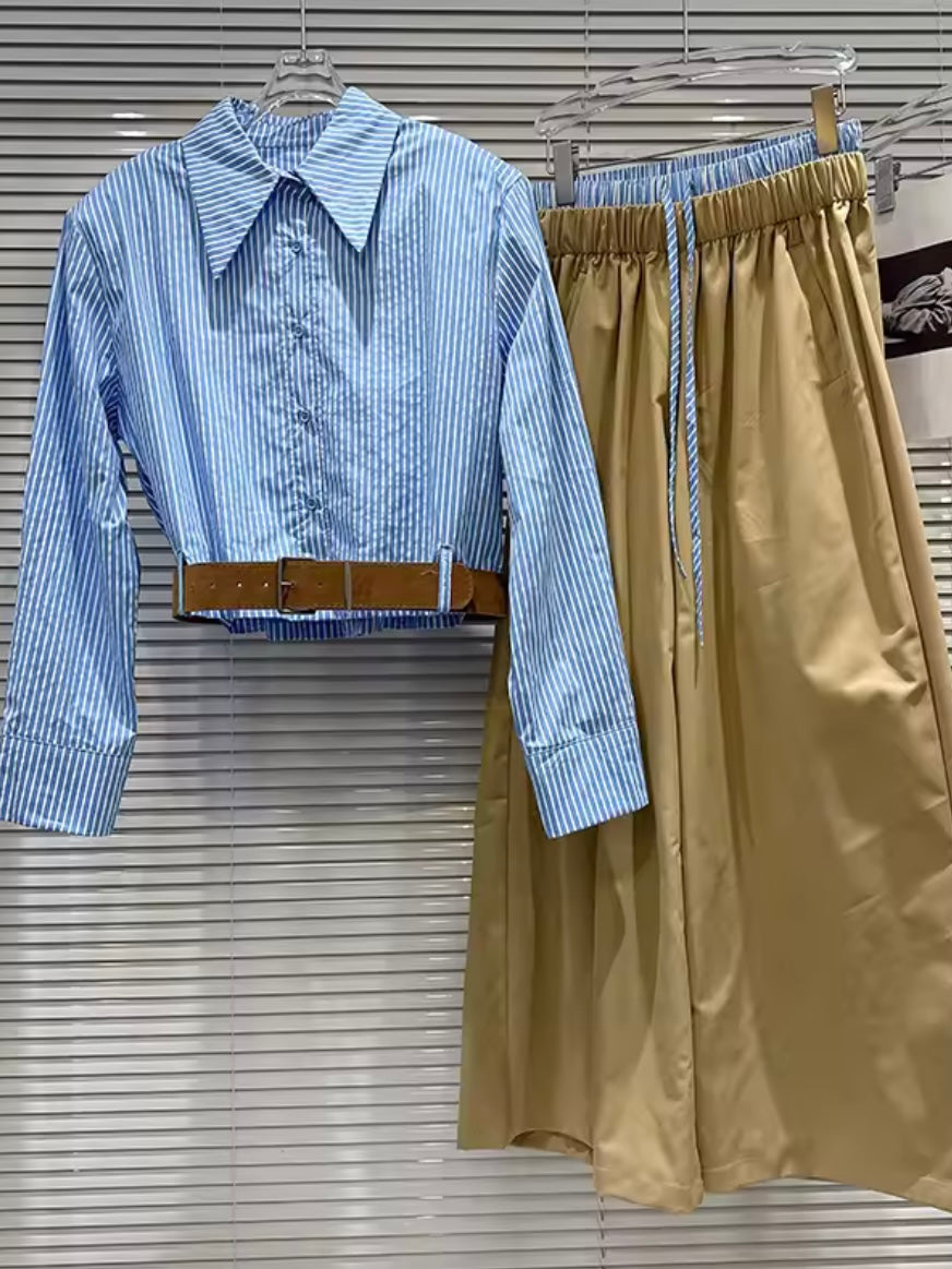 Striped belted shirt set of 2, shirt and pants