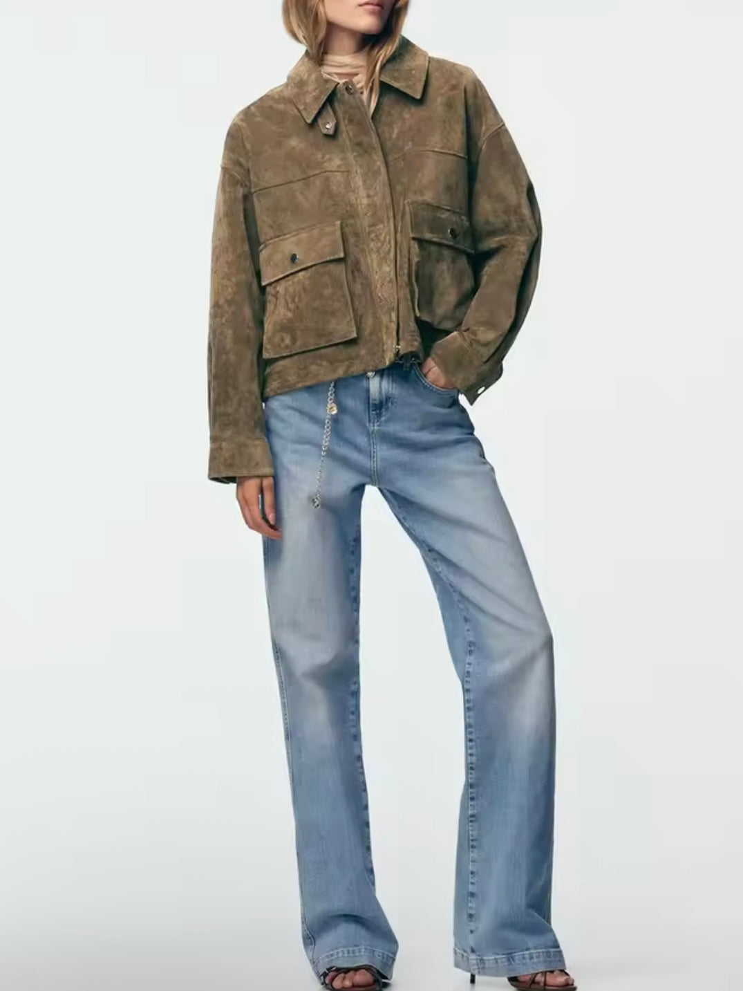 Brown faux suede patchwork pockets jacket