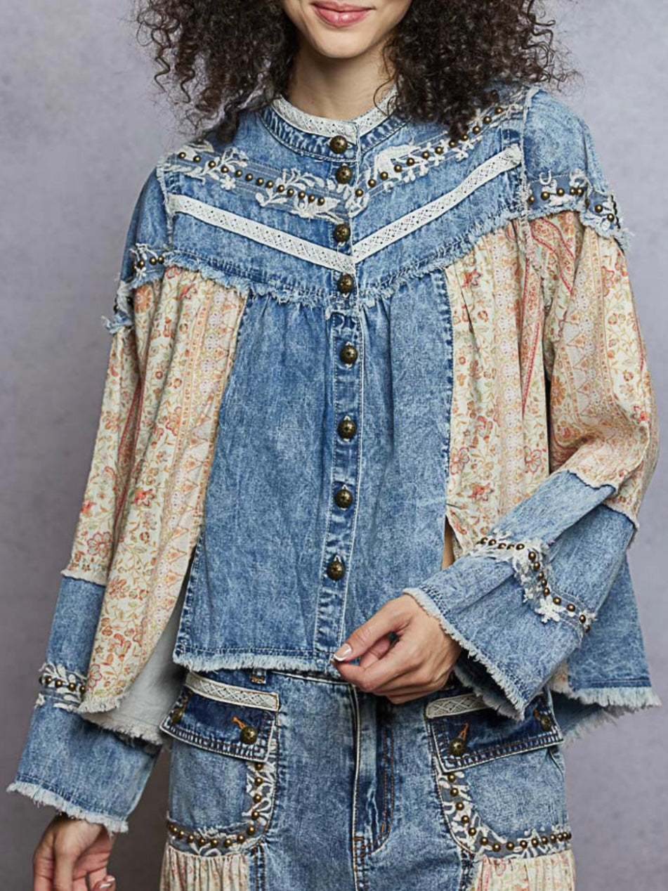 Jeans wide mix fabrics set shirt and pants