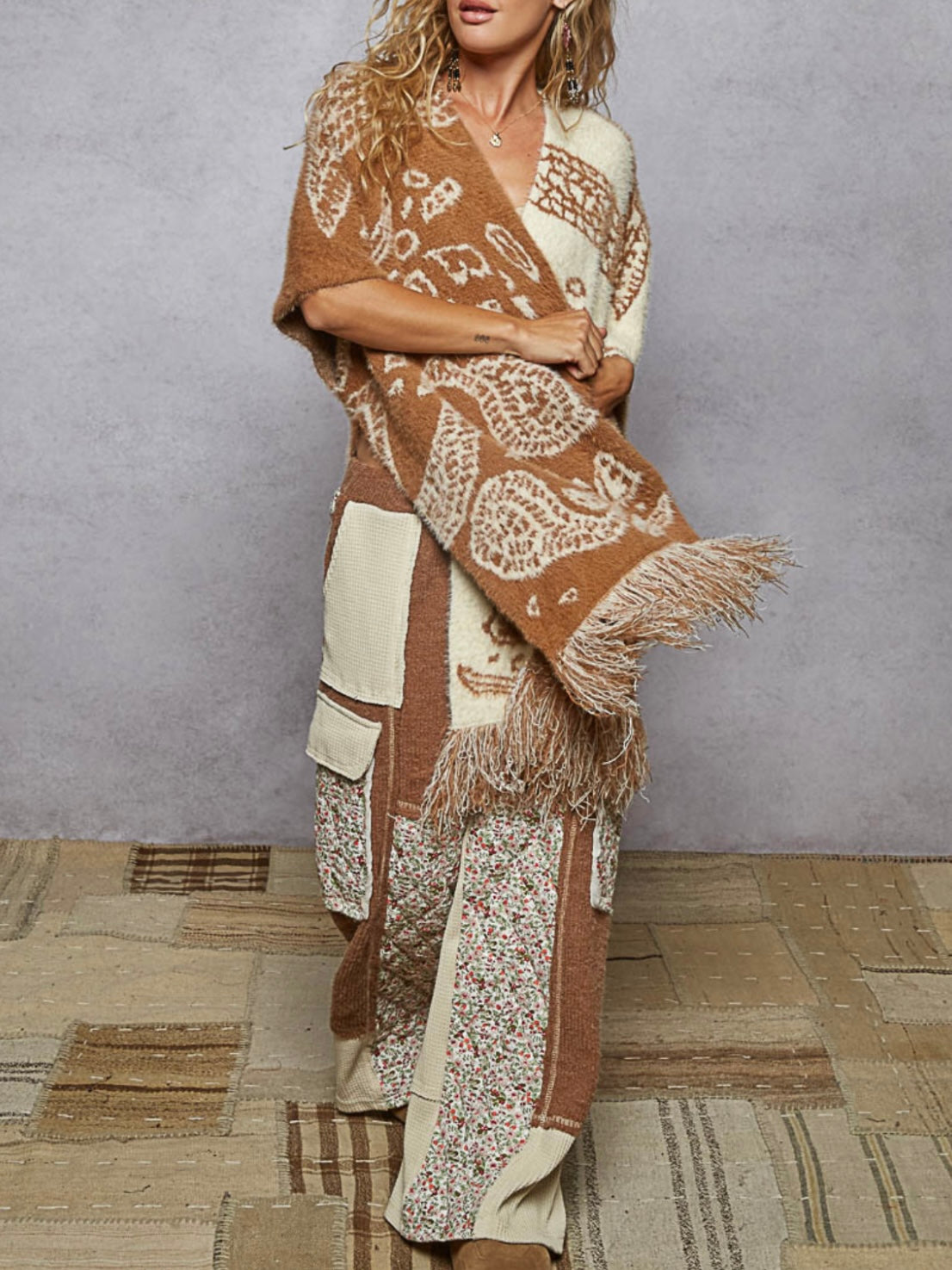 Brown and beige wide mix fabrics set poncho and pants