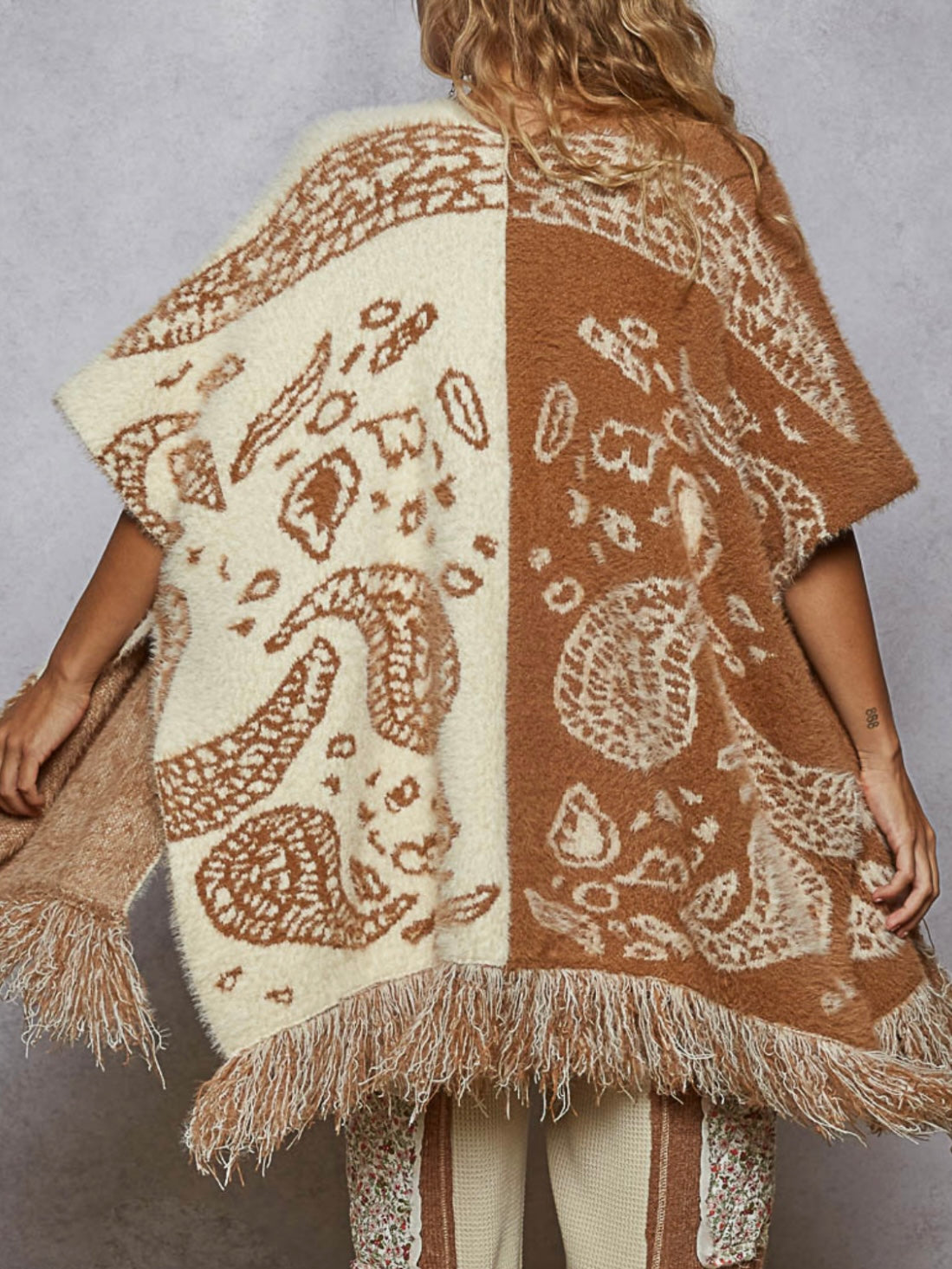 Brown and beige wide mix fabrics set poncho and pants