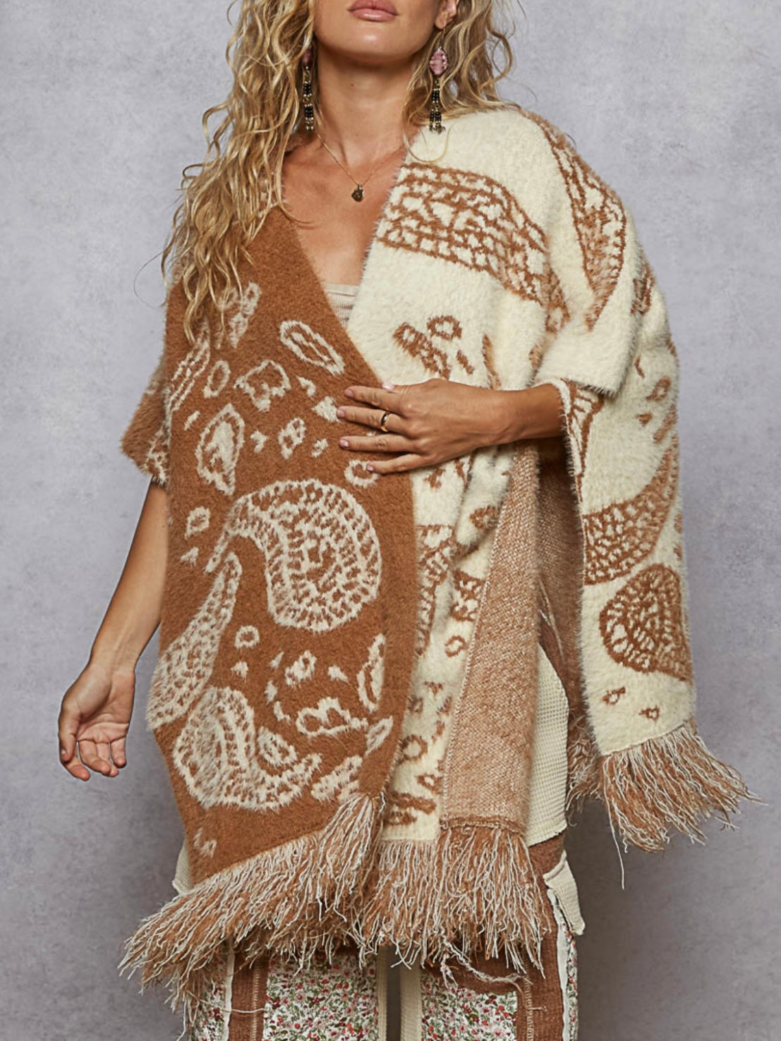 Brown and beige wide mix fabrics set poncho and pants